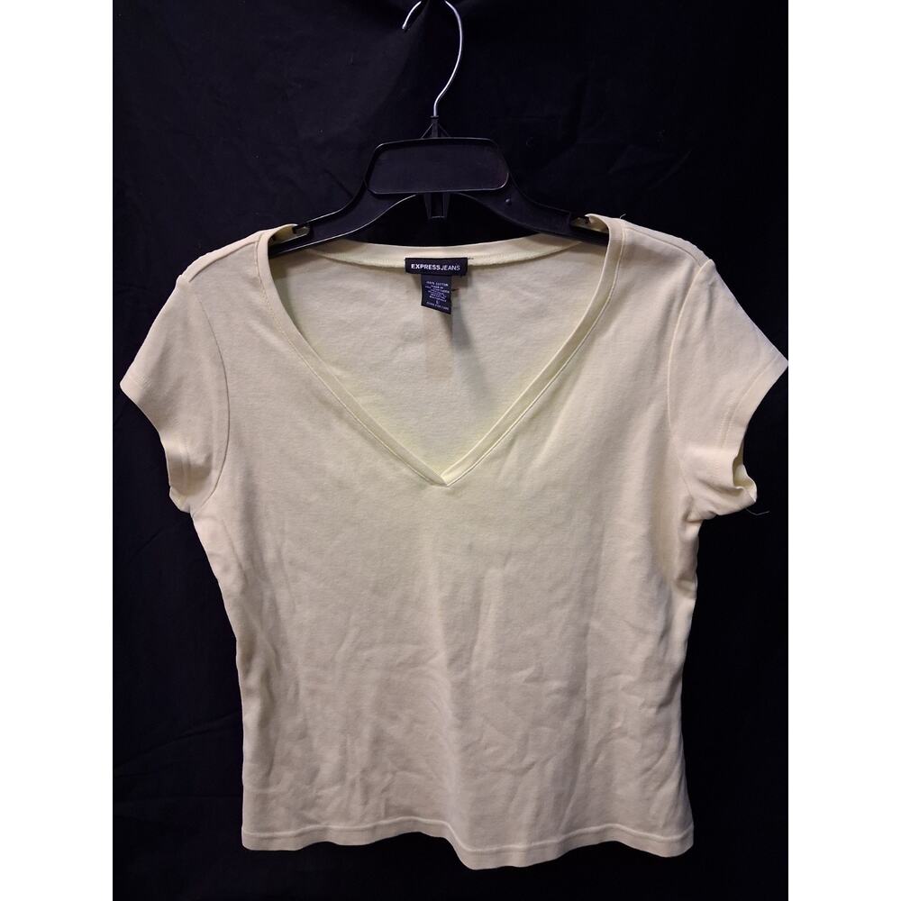 Express Jeans Light Yellow V-Neck Short Sleeve T-Shirt L 100% Cotton Jersey